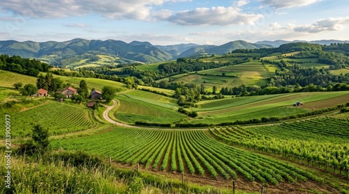 Scenic Countryside Landscape with Lush Green Fields and Mountains