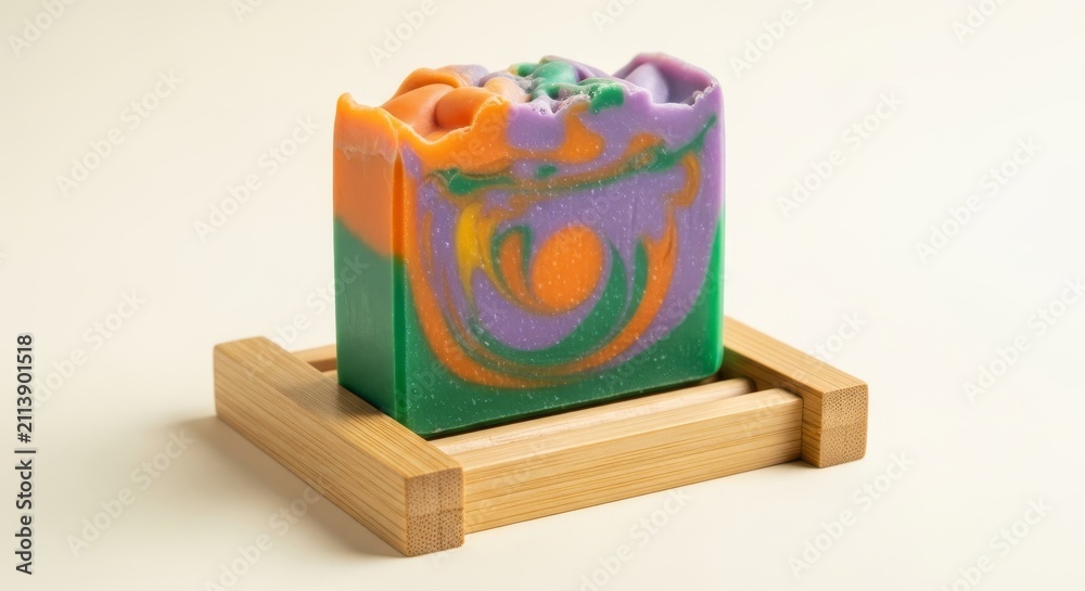 Obraz premium A handcrafted organic colorful soap bar sits on a sustainable bamboo dish against a soft cream background in a serene studio wellness shot, soap, product, quality