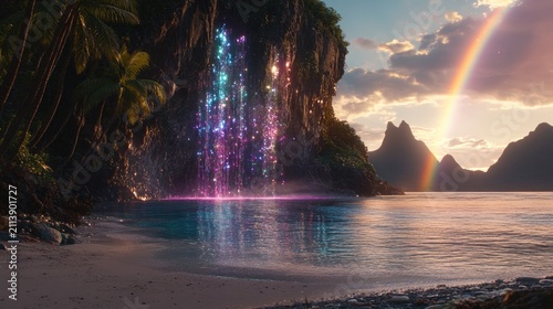 Magical waterfall cascading vibrant colours onto a tropical beach
