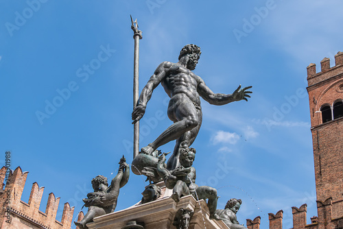 Fountain of Neptune (Fontana del Nettuno) located in the eponymous square, Neptune Square, next to Piazza Maggiore. The fountain was completed in 1565. BOLOGNA, ITALY.