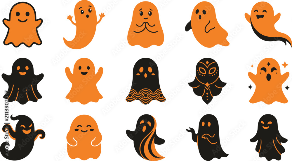 Obraz premium Collection of cute orange and black ghost characters for fun halloween decorations and party design elements