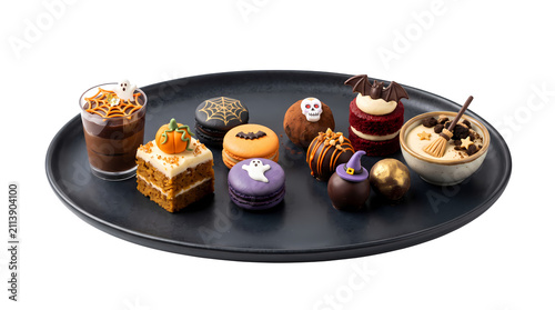 Mini halloween desserts on black plate including mousse cake macarons chocolates.