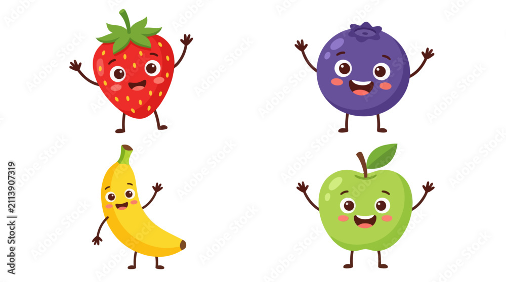 Obraz premium Cute fruit cartoon characters with happy faces set