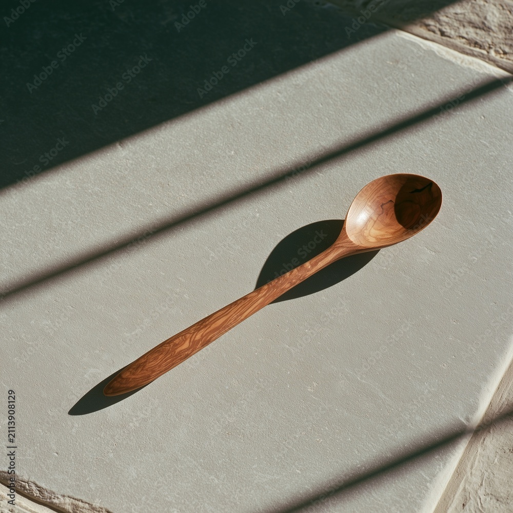 Fototapeta premium Weathered olive wood spoon casting long shadow on pale stone