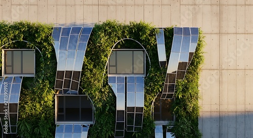 Sustainable Green Building Facade with Solar Panels and Ivy