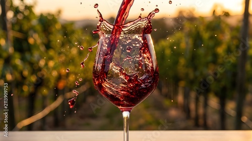 Red wine splashing into a glass at a vineyard during golden hour sunset