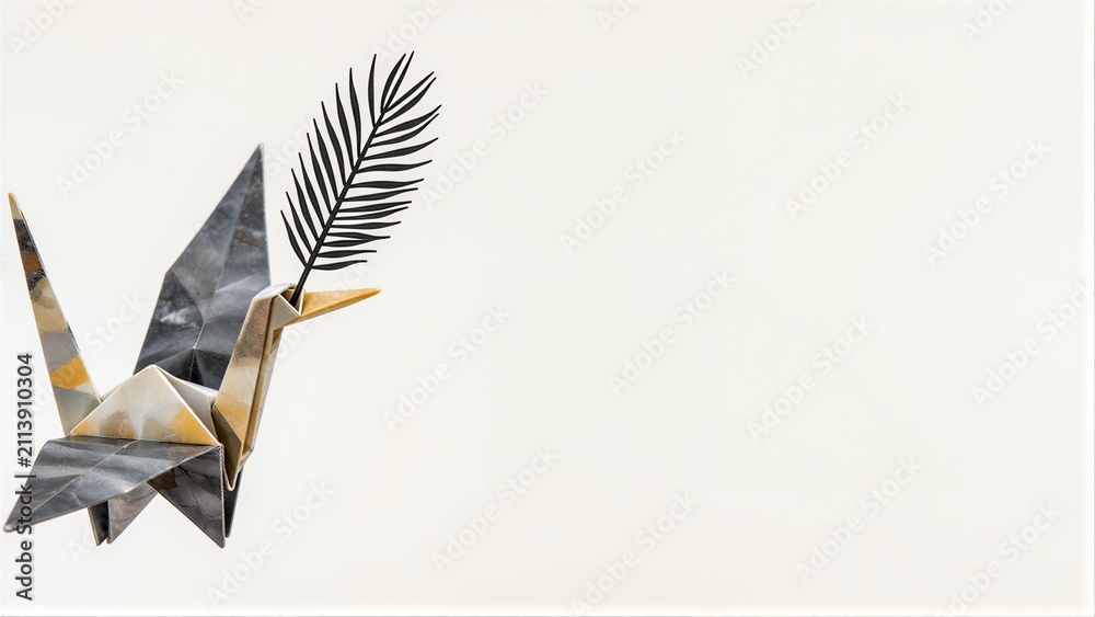 Obraz premium Origami crane with leaf crown, elegant design against minimalist white background.