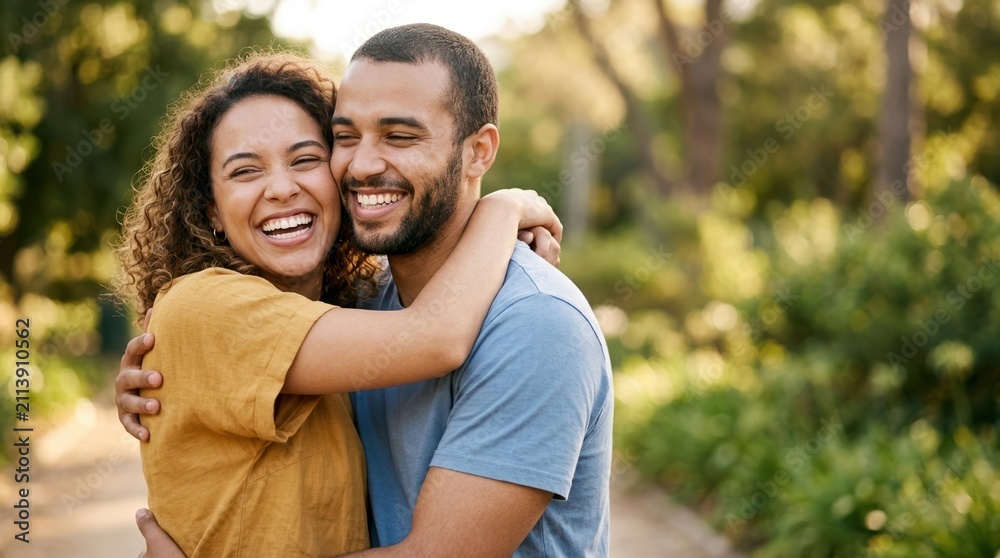 Fototapeta premium Happy young mixed race couple embracing and laughing outdoors in a park, representing love, romance, and joyful relationship moments
