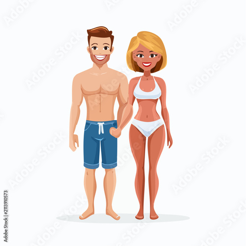 Caucasian couple in beachwear standing full body