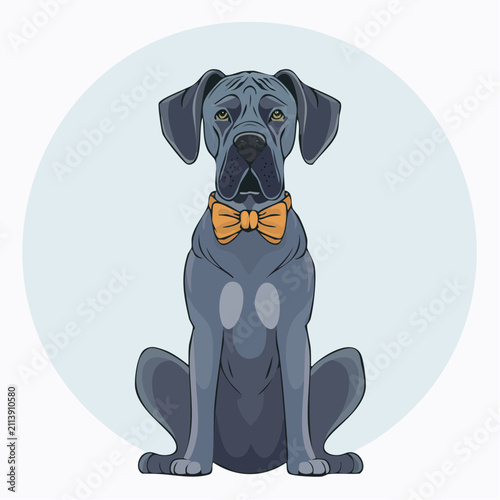 Cartoon Great Dane with orange bowtie on blue circle.