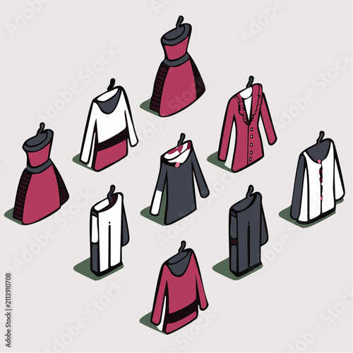 Isometric display of dresses on minimalist stands.