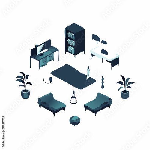 Isometric office furniture set.