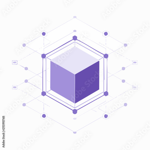 Isometric purple cube with network wireframe connections.