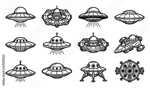Cuadro en lienzo Set of twelve retro UFO flying saucers and alien spaceships hand drawn black and