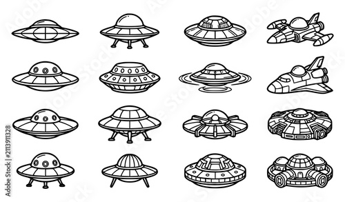 Фотография Set of sixteen retro UFO spaceships and alien vessels including fighter and moth