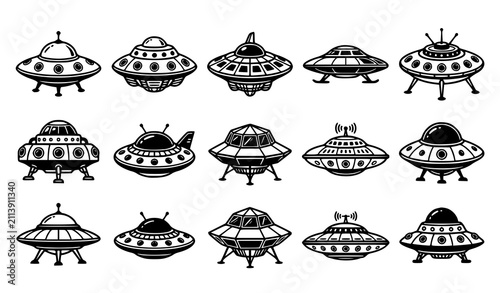 Obraz na plátně Collection of fifteen vintage flying saucer UFO designs with antenna and legs ha