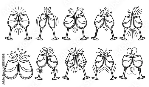 Quadro su tela Set of ten wine glasses clinking cheers celebration toast hand drawn black and w