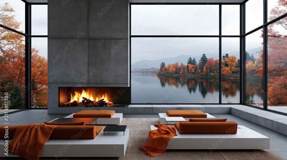 Obraz premium Modern luxury interior living room with cozy fireplace and autumn lake scenery