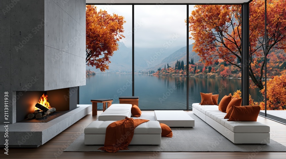 Obraz premium Living room interior with a modern luxury fireplace and scenic autumn lake view