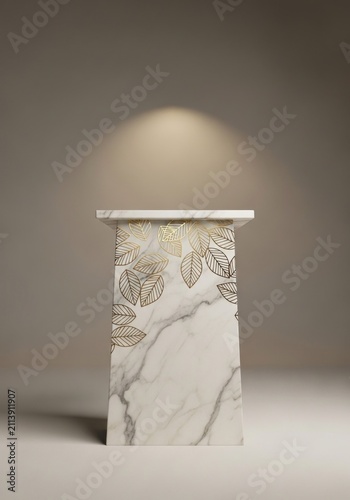 Empty white marble display pedestal stands against a soft neutral background illuminated by a gentle spotlight.