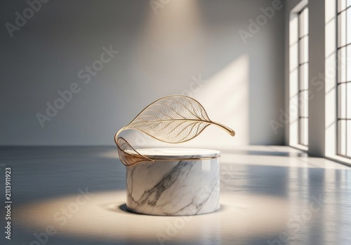 Marble pedestal with delicate gold leaf structure serves as an elegant display platform.