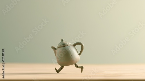 Vintage teapot walking on tiny clay legs, pastel claymation still life