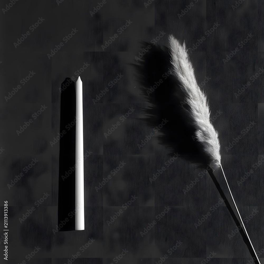 Fototapeta premium Tall taper candle and dried pampas grass on dark charcoal backdrop
