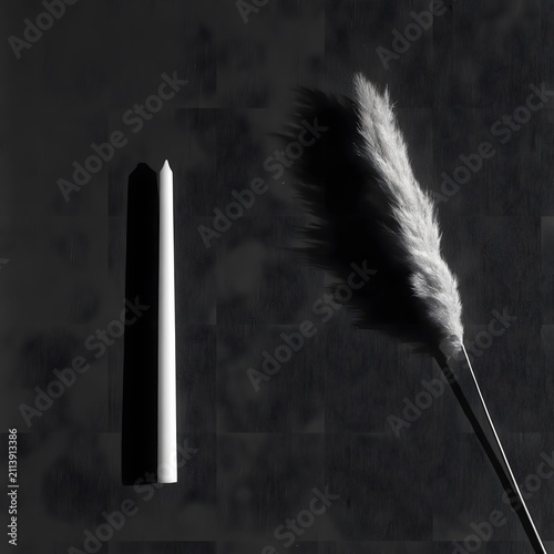 Tall taper candle and dried pampas grass on dark charcoal backdrop