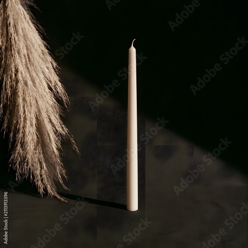 Bone-white candle leaning against dried pampas plume, moody negative space