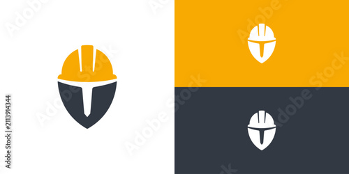 Work safety logo design with dual combination of helmet and shield.s