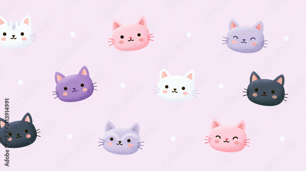Fototapeta premium Playful cat faces in pastel colors on a soft pink background.