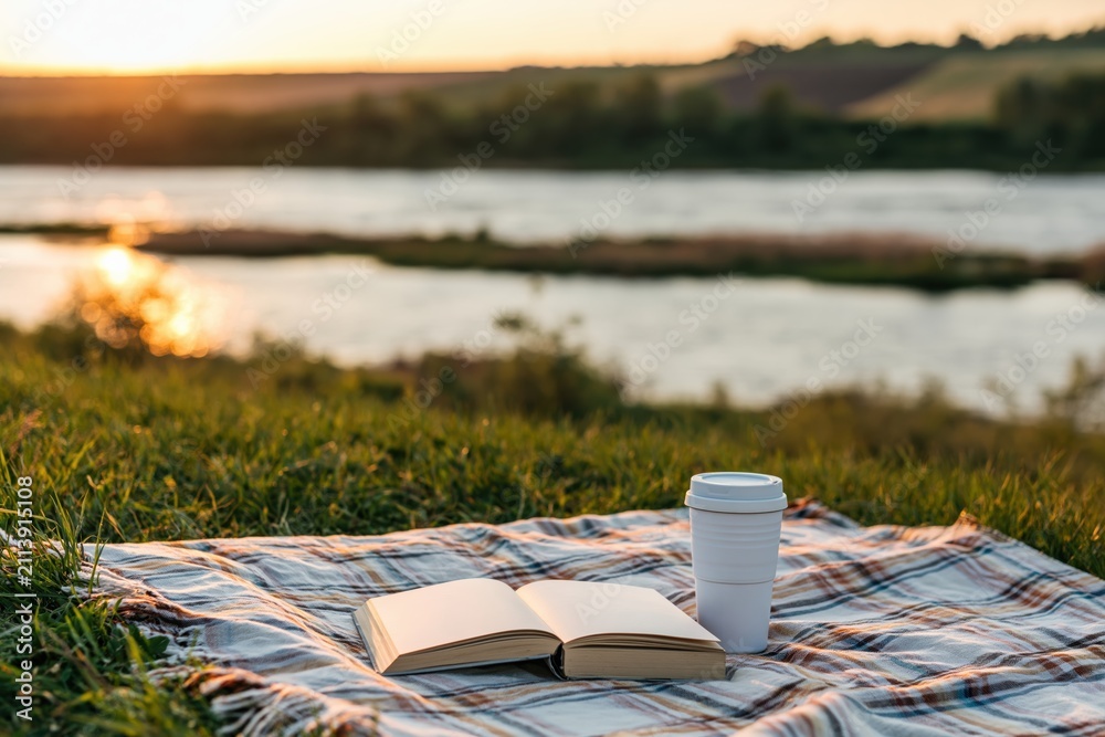 Obraz premium Book and coffee for reading on a peaceful blanket by the river during a sunset
