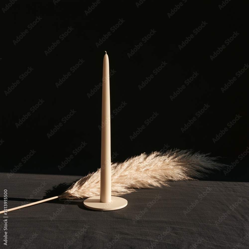 Fototapeta premium Slender taper candle beside windblown pampas grass on charcoal field
