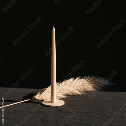 Slender taper candle beside windblown pampas grass on charcoal field