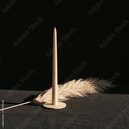 Obraz Slender taper candle beside windblown pampas grass on charcoal field