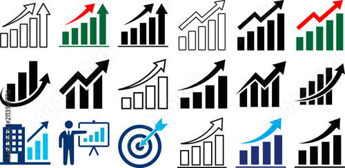 Collection of diverse business growth and financial performance chart icons representing success