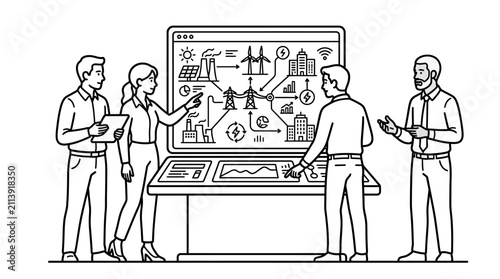 Sleek Black and White of Business Team Discussing Smart Energy Solutions on Digital Display with high quality professional line art symbols for modern creative design and digital branding projects