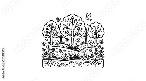 Industrial Style Black and White Line Art Forest Ecosystem with Wildlife and Nature Elements with high quality professional line art symbols for modern creative design and digital branding projects