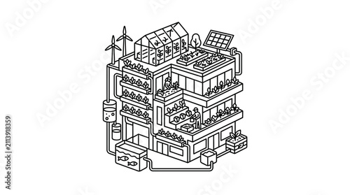 Corporate of Sustainable Vertical Farming System with Renewable Energy Sources in Monochrome with high quality professional line art symbols for modern creative design and digital branding projects