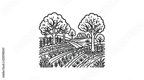 Corporate Minimalist Black and White Rural Landscape with Trees Farmland and Countryside House with high quality professional line art symbols for modern creative design and digital branding projects