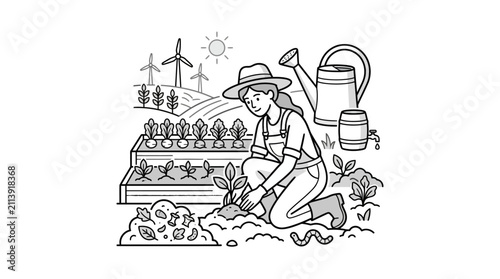 Sleek Black and White of Farmer Tending Eco Friendly Raised Garden Beds with Wind Turbines with high quality professional line art symbols for modern creative design and digital branding projects