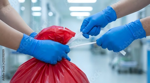 Hands in blue gloves sealing red biohazard bag