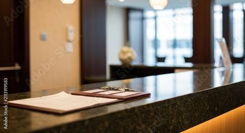 A blurred view of a reception area with documents on a counter, focused foreground