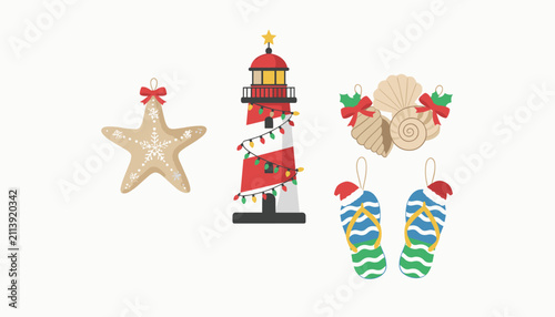 Festive set of coastal Christmas decorations including a lighthouse, starfish, shells, and flip-flops.
