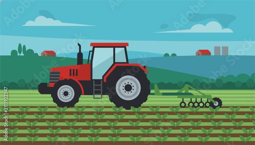 Red farm tractor pulling an agricultural cultivator plow through a green planted crop field.