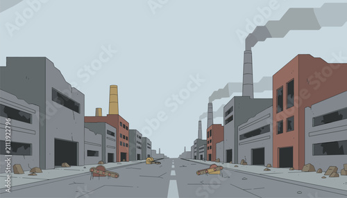 Desolate industrial city street flanked by abandoned factories and smoke stacks under a grey sky.