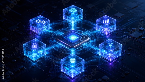 Central processing unit powering a sophisticated digital ecosystem, connecting artificial intelligence, secure data management, and advanced analytics for modern technology and business innovation.