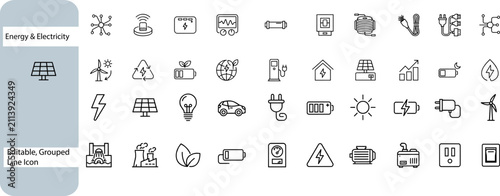Energy and electricity line icons set, renewable green power symbols vector, sustainable ecology and electrical utility solar, wind, battery, green, environment, 