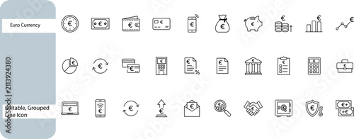 Euro currency line icon set, 30 editable finance and banking vector icons, minimalist money and investment symbols for business apps