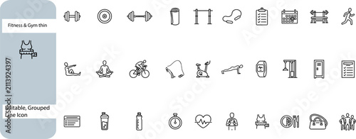 Fitness and gym thin line icons set, editable workout vector symbols, minimalist sports equipment and wellness training equipment, wellness, training, minimalist, exercise, health, bodybuilding Icon